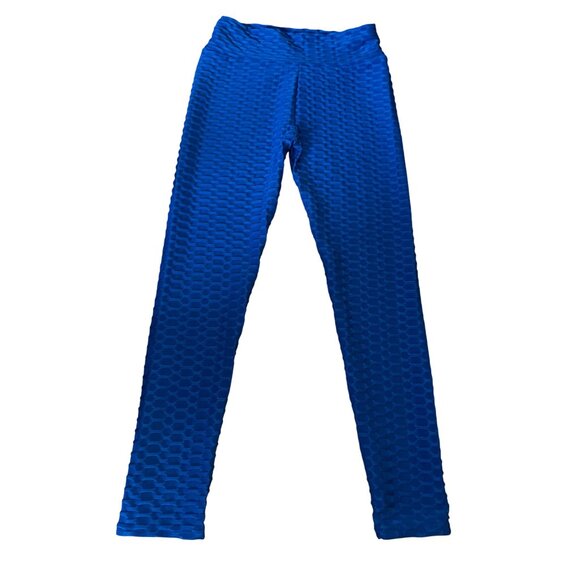 Royal Blue Textured Honeycomb Leggings Large Yoga Workout Pants Scrunch Butt Gym - Picture 2 of 5